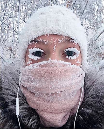 In this photo, Anastasia Gruzdeva makes a selfie as the temperature dropped to about -50 degrees (-58 degrees Fahrenheit) in Yakutsk, Russia. Temperatures in the remote, diamond-rich Russian region of Yakutia have dropped to near-record lows, plunging to -67 degrees Centigrade (-88.6 degrees Fahrenheit) in some areas. (AP Photo)