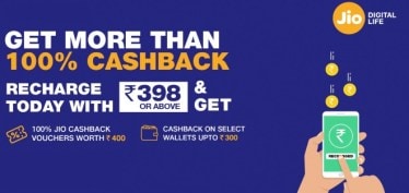 Jio More Than 100% Cashback offer will give cashback amount of up to Rs. 400 in voucher form along with select wallet cashbacks of up to Rs. 300