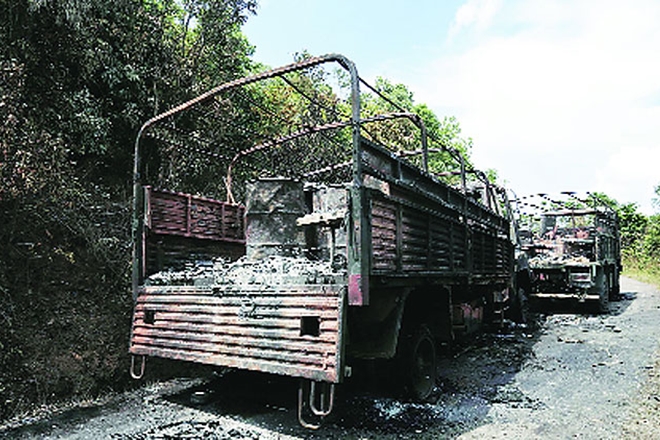 One of the 6th Dogra Regiment vehicles that was ambushed by the militants, in Manipur on June 4. (Source: Express photo by Deepak Shijagurumayum)