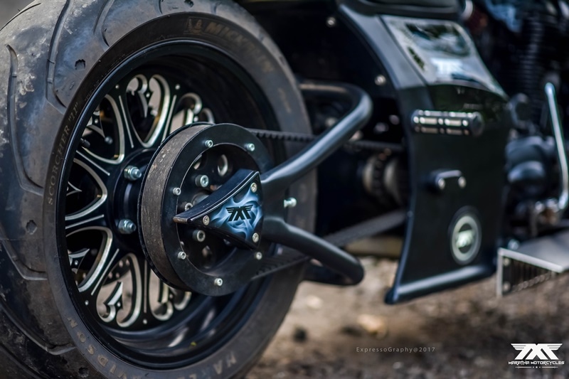 According to Maratha Motorcycles, the Art of trident customised upon alloy wheels, the 15-litre coffin shape fuel tank, front fender, cowl side panel structure represent the "Tandav swaroop of Nataraj".