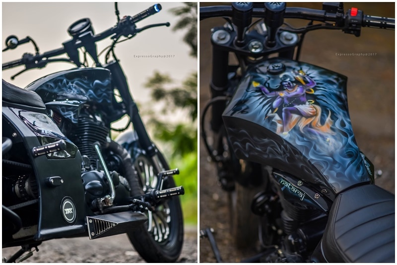 The modified Royal Enfield's paint job is called Cosmic Fire Smoke Prabha Mandala, which sounds very technical and signifies something as well. Dalvi explained that the paint job "signifies forces of creation & destruction. Also the flow of smoke over the body represents calmness of Goddess Ganga".