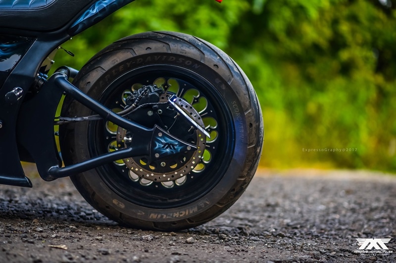 The custom Royal Enfiled Nataraj is fitted with inverted suspension and monoshock, which allow better comfort on longer rides, assisted by drag-style handlebar. It gets a digital speedo, and braking is covered by 320 mm discs up front and 280 mm at the back.