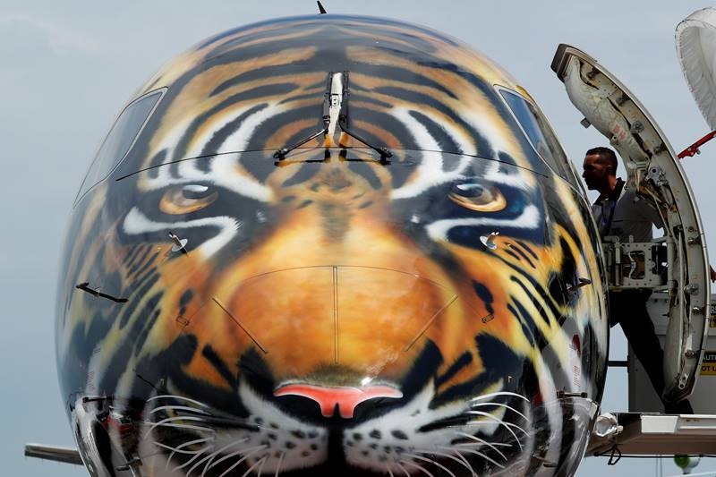 An Embraer E-190 E2 aircraft featuring a spray painted tiger's face on the nose of the aircraft is displayed during a media preview of the Singapore Airshow. (Image: Reuters)