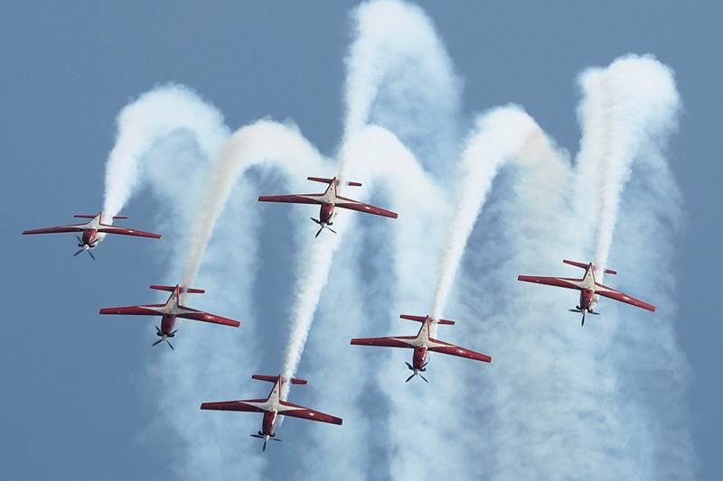 Indonesian Air Force (TNI-AU)'s Jupiter Aerobatic Team KT-1B aircrafts perform a manoeuvre during a preview of their aerial display at the Singapore Airshow. (Image: Reuters)