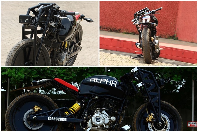 Alpha: A Bajaj Pulsar 220 was modified by a Chhattisgarh-based customiser, The Custom House, into a street fighter. The Custom House also tuned the engine and air filter was replaced with a K&N unit. The Alpha has a custom exhaust and a different suspension setup as well. Most interestingly, the Pulsar 220 Alpha gets a hand lever for gear shifts. (Source: m.credr)