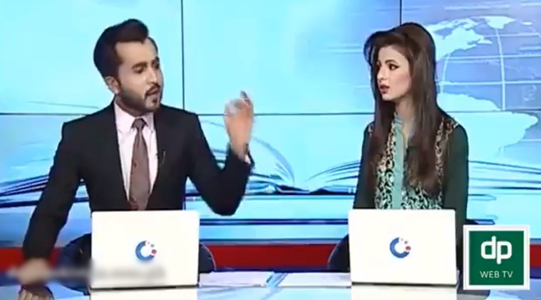 A barely 30-seconds-long video showing an exasperated anchor ‘complaining’ about his co-anchor, a woman, to one of the production members has gone viral. (Source: Shahbaz Zahid/Twitter)