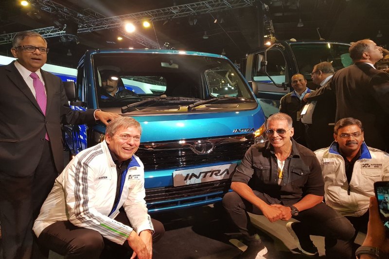 Auto Expo 2018: Padman actor, Akshay Kumar during the launch of his movie Padman was seen at the Tata Motors' stall at Auto Expo 2018 along with the top management. Tata Group Chairman N. Chandrasekaran and Tata Motors' MD & CEO Guenter Butschek and Akshay Kumar along with Tata Intra LCV