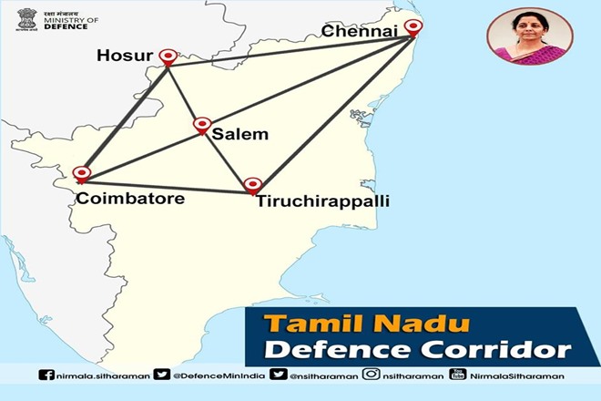 The nodes of Tamil Nadu Defence Corridor: Chennai, Tiruchirappalli, Coimbatore, Hosur and Salem.  The nodes of Tamil Nadu Defence Corridor: Chennai, Tiruchirappalli, Coimbatore, Hosur and Salem.