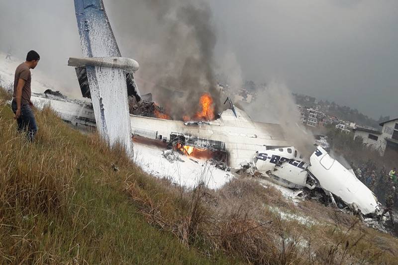 A US-Bangla Airlines passenger plane carrying 71 people crashed on Monday after it hit the ground off the runway. (Source: Twitter)