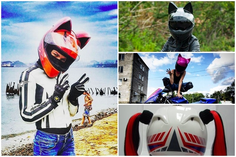 A helmet with cat ears! Why do it, you ask? There can be people who love motorcycles and also have feline friends. Whatever the reason may be, the cat ears look cool. Another accessory is pony tails. I wonder what happens to the hair on high speeds. (Image: Badasshelmetstore)