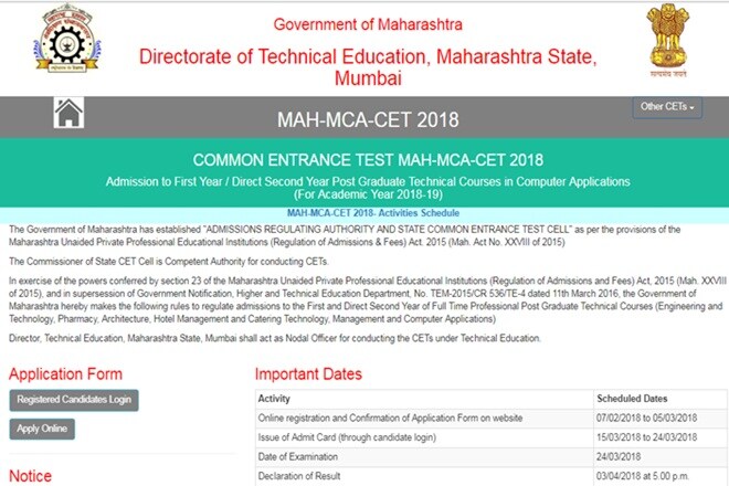 MAH MCA CET 2018 result: Directorate of Technical Education (DTE) Maharashtra will announce the results for Masters in Computer Applications Common Entrance Test (MCA CET) 2018 today on the official website dtemaharashtra.gov.in.