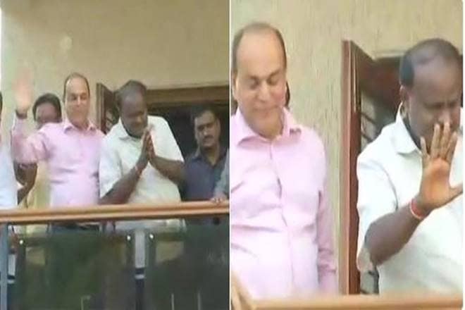 Kumaraswamy at H D Deve Gowda's residence in Bengaluru on Tuesday (ANI photo)