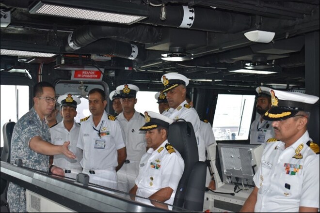 Indian Navy delegation onboard Littoral Mission Vessel RSS Justice under construction. (Source: Indian Navy)