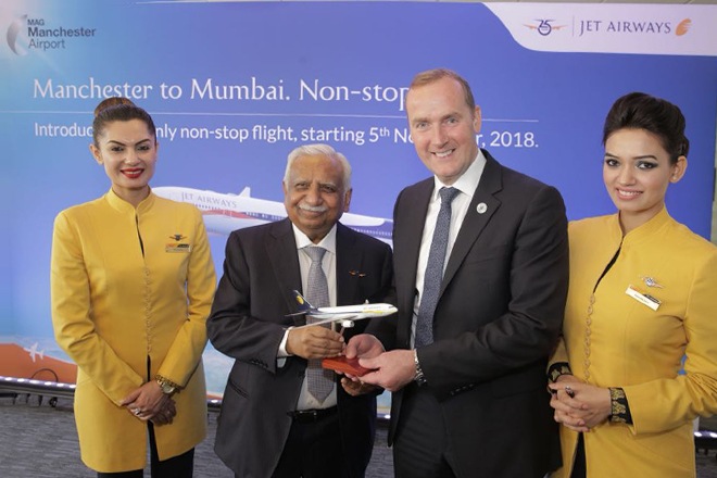Jet Airways chairman Naresh Goyal (left) is seen here with Manchester Airport CEO Andrew Cowan At the launch event held in Manchester recently, to announce Jet Airways' direct service Manchester - Mumbai