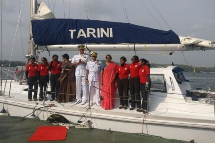 Defence Minister Nirmala Sitharaman welcomes the crew of INSV Tarini along with Chief of the Naval Staff Admiral Sunil Lanba in Goa today. (Source: Twitter, MoD) Defence Minister Nirmala Sitharaman welcomes the crew of INSV Tarini along with Chief of the Naval Staff Admiral Sunil Lanba in Goa today. (Source: Twitter, MoD)
