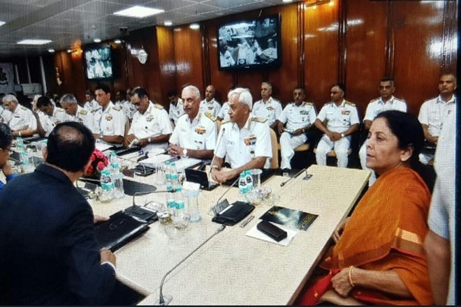 Defence Minister Nirmala Sitharaman addressed the Naval Commanders' Conference in New Delhi. (Source: Indian Navy Twitter) Defence Minister Nirmala Sitharaman addressed the Naval Commanders' Conference in New Delhi. (Source: Indian Navy Twitter)