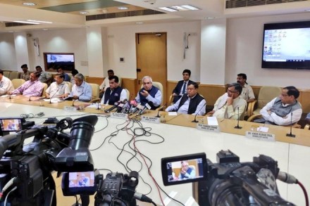 NITI Aayog Vice Chairman Rajiv Kumar along with CEO Amitabh Kant and other members and senior officers, addresses a press conference after the conclusion of fourth meeting of the Governing Council of NITI Aayog, in New Delhi. (IANS/PIB) NITI Aayog Vice Chairman Rajiv Kumar along with CEO Amitabh Kant and other members and senior officers, addresses a press conference after the conclusion of fourth meeting of the Governing Council of NITI Aayog, in New Delhi. (IANS/PIB)