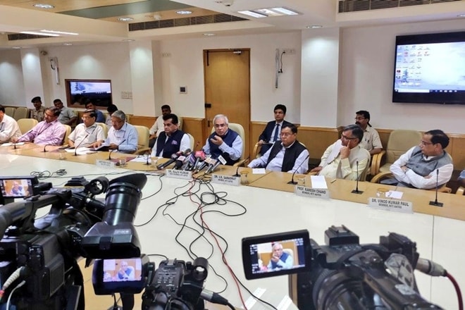 NITI Aayog Vice Chairman Rajiv Kumar along with CEO Amitabh Kant and other members and senior officers, addresses a press conference after the conclusion of fourth meeting of the Governing Council of NITI Aayog, in New Delhi. (IANS/PIB)