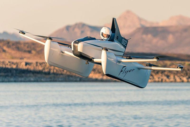 The Kitty Hawk Flyer consists of 10 battery-powered propellors and two control sticks and it does seem like a human-sized drone. The Flyer operates between 3-10 ft off the surface of the water, at first, it will go 20 miles per hour and fly up to 10 feet in the air, the company said.