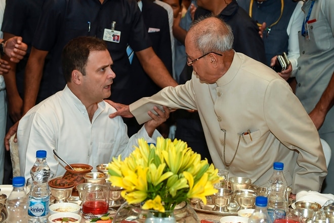 Former president Pranab Mukherjee during the Iftar party hosted by Congress President Rahul Gandhi, in New Delhi on Wednesday. (PTI Photo) Former president Pranab Mukherjee during the Iftar party hosted by Congress President Rahul Gandhi, in New Delhi on Wednesday. (PTI Photo)