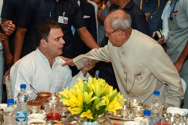 Former president Pranab Mukherjee during the Iftar party hosted by Congress President Rahul Gandhi, in New Delhi on Wednesday. (PTI Photo)