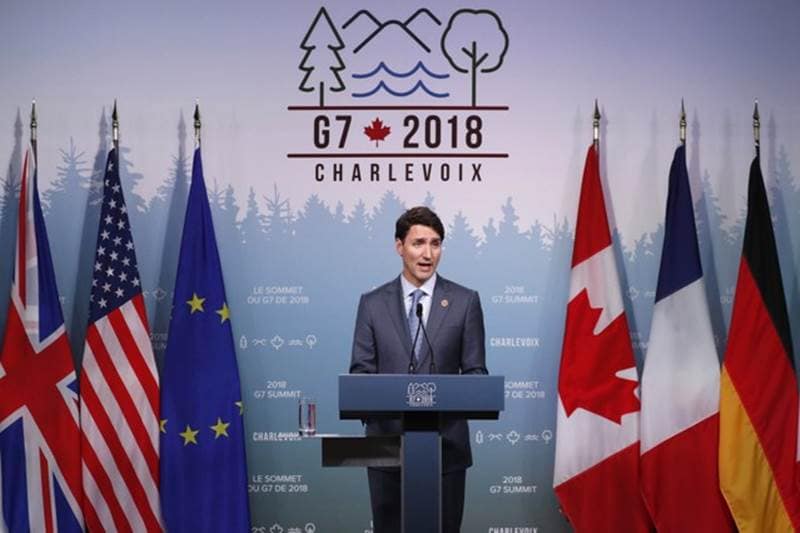 Canada's Prime Minister Justin Trudeau addresses the final news conference of the G7 summit in the Charlevoix city of La Malbaie, Quebec.
