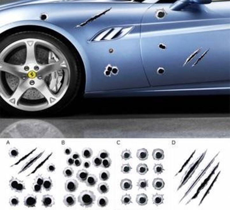 Bullet hole stickers: They don't make your boring sedan or hatch look cool! You pay about Rs 500 for these little waste-of-times to make it look like you were involved in a cool Hollywood style fire-fight? You really think that's working for you? (Image: Amazon)