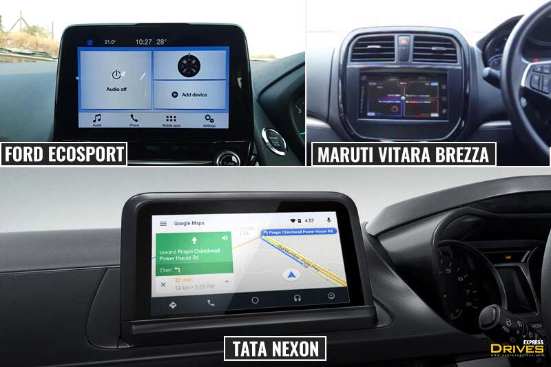 The Ford EcoSport and Tata Nexon have a floating type touchscreen infotainment system that looks different and appealing, for a change. On the other hand, the unit on the Maruti Vitara Brezza comes in a conventional format.