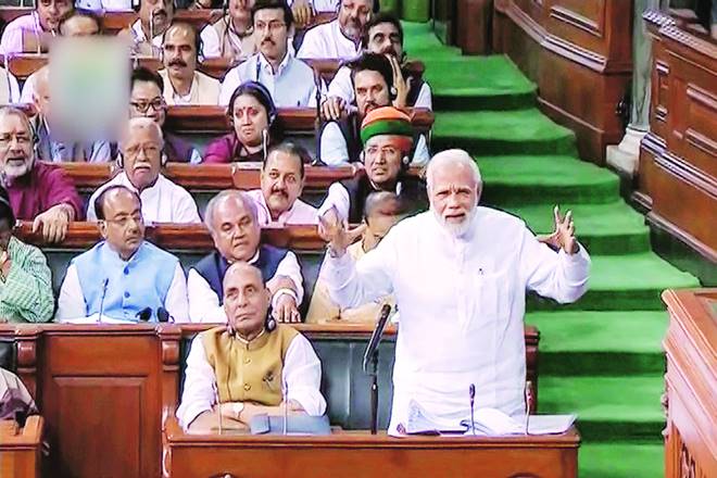 Prime Minister Narendra Modi in the Lok Sabha during a no-confidence motion debate in the Monsoon Session of Parliament (Image: PTI)
