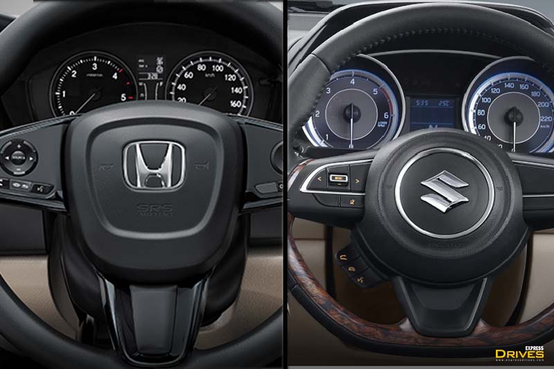 The 2017 Maruti Suzuki Dzire gets a flat bottom steering wheel with some wooden accents that makes up for one prime sporty highlight inside the cabin. On the other hand, the 2018 Honda Amaze gets a conventional unit. Both steering wheels get mounted controls for better convenience.