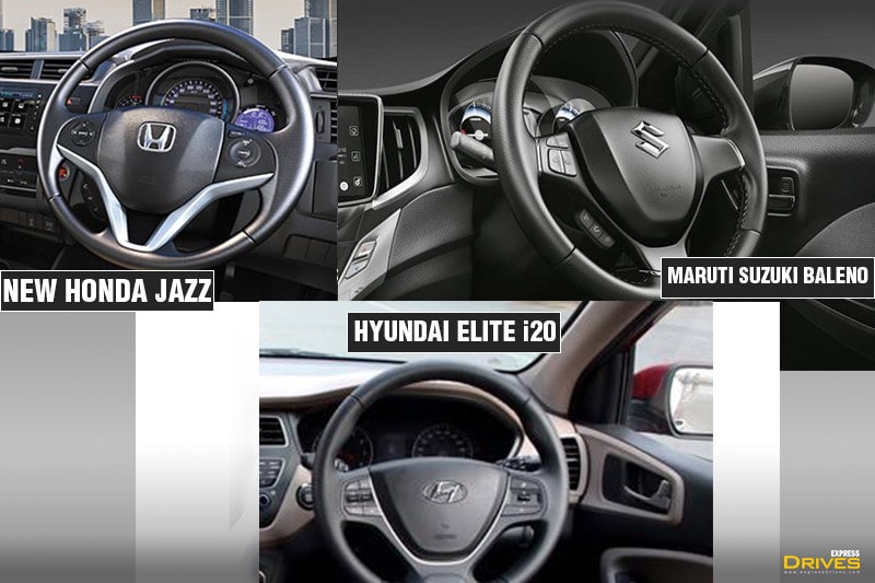 The top variants of all three cars, Maruti Suzuki Baleno, Hyundai i20 and the new Honda Jazz gets steering mounted controls and a round steering. Digital instrument cluster and cruise control are also available on top-trims.