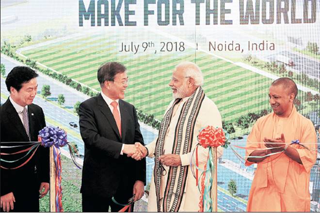 Samsung India, Narendra Modi, Make in India,  samsung in noida, Moon Jae,noida, uttar pradesh, Yogi Adityanath, Make in India 
