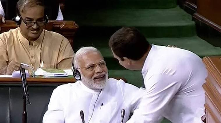 Rahul Gandhi hugs a taken-by-surprise PM Narendra Modi, who then shakes the Congress president’s hand; some minutes later, Gandhi winks at somebody on the Opposition bench.