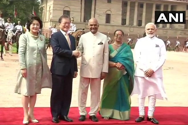 South Korean President Moon Jae-in was accorded a ceremonial welcome at the Rashtrapati Bhavan on Tuesday. (ANI)