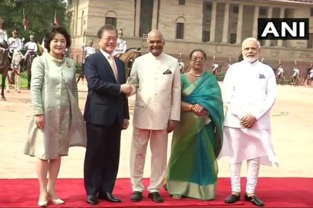 South Korean President Moon Jae-in was accorded a ceremonial welcome at the Rashtrapati Bhavan on Tuesday. (ANI)