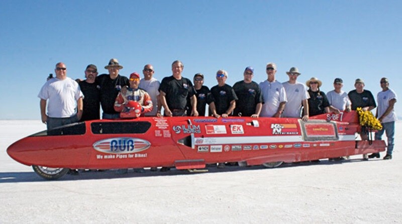 Just two days later, Chris Carr clocked 564.693 km/h on a BUB Seven, breaking the 350 mph barrier for the first time. However, Ack Attack reclaimed the throne on 25 September 2010, clocking 605.697km/h. (Image: Bikerpros)
