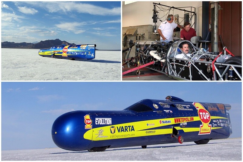 On 3 September 2006, the world record went to Suzuki for the first time. Rocky Robinson raced across the salt flats at a speed of 551.678km/h) with the Ack Attack. (Image: landspeedevents)