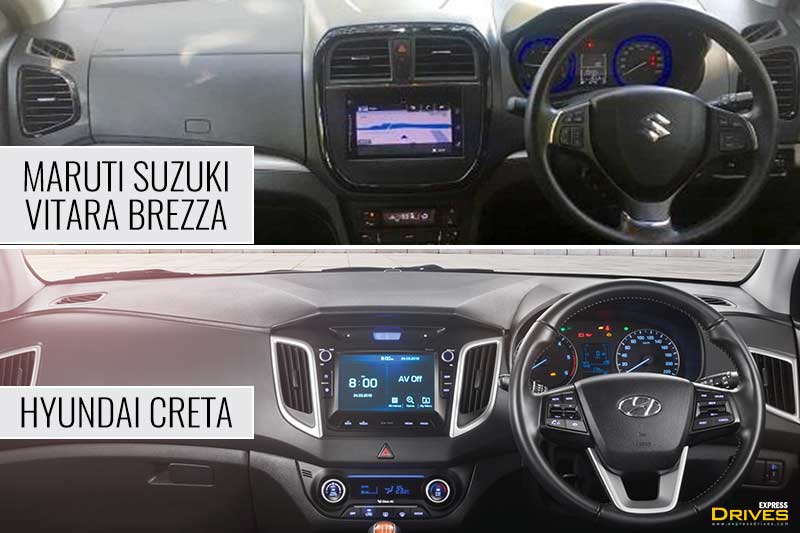 The dashoboard of the new 2018 Hyundai Creta is neat and tidy. It gets angular A/C vents with outline finished in silver on the either side of the infotainment system. Maruti Suzuki Vitara Brezza gets all-blac interiors with a silver slab between the cooling box and the glove box compartment. The infotainment system on the Maruti Suzuki Vitara Brezza is placed below the recular rectangular A/C vents.
