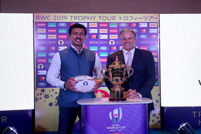 Rajyavardhan Singh Rathore on Monday unveiled the Rugby World Cup trophy.