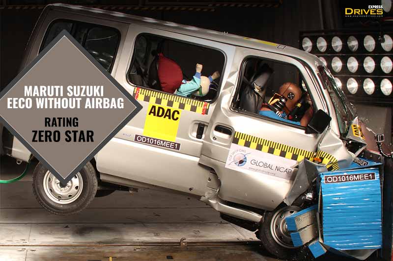 The Maruti Suzuki Eeco with no airbags gets zero stars in the Global NCAP crash test. The report states that the protection for driver head was weak while in case of chest, it was weak. The passenger knees could get an impact with the Transfascia tube in the dashboard and shock absorber mounts on the driver side.