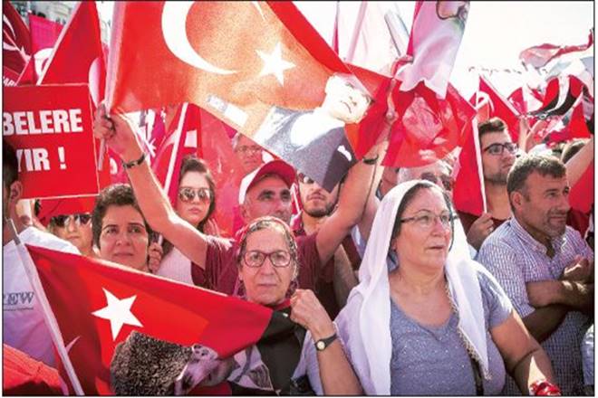 A pro-democracy demonstration in Istanbul, Turkey, in July 2016 after a coup attempt by a faction within the Turkish Armed Forces failed to topple the government. (Bloomberg)