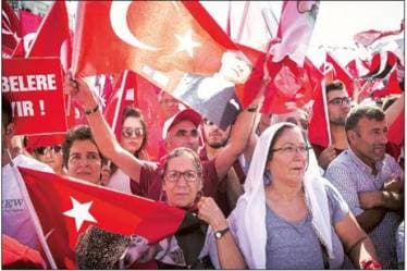 A pro-democracy demonstration in Istanbul, Turkey, in July 2016 after a coup attempt by a faction within the Turkish Armed Forces failed to topple the government. (Bloomberg)