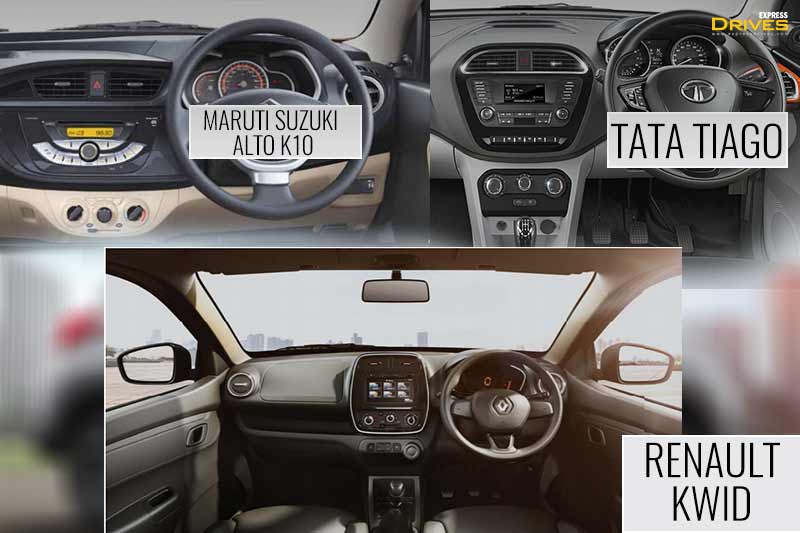 The Renault Kwid is the only car in the segment to have features like rear parking camera and rear 12V power socket for the occupants. Also, the Kwid is the only one here to offer a touchscreen infotainment system and which is a big plus point. Tata Tiago on the other hand, gets height adjustable seats with adjustable headrests. Last, the Maruti Alto K10 gets a central locking system, power windows, power steering and a USB.