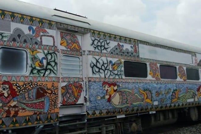 The Indian Railways recently beautified the Bihar Sampark Kranti Express train by decorating its coaches with Madhubani painting. The Indian Railways recently beautified the Bihar Sampark Kranti Express train by decorating its coaches with Madhubani painting.