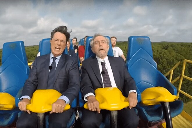 Learn macroeconomics without dozing off - on a roller coaster ride with Paul Krugman and Stephen Colbert