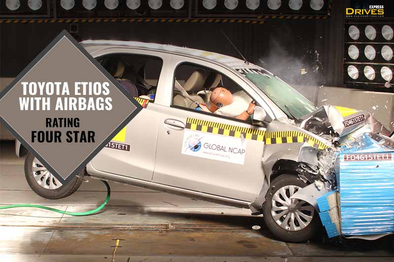 The Toyota Etios with two airbags gets an impressive four stars in the NCAP ratings. The driver and passenger heads in this case remain well protected, all thanks to the airbags and seatbelts. However, there are some dangerous structures due to which the occupants knees can get an impact.