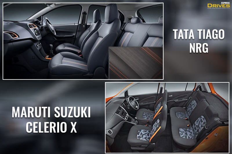 Features: The cabin of the Tata Tiago NRG gets black treatment and the orange accents around the AC vents and gear lever offer a sporty appeal. The seats get orange stitching that acts as an add on. The Maruti Suzuki Celerio X, on the other hand, gets subtle white highlights against black treatment in the cabin. Also, the black seat variants get orange piping.