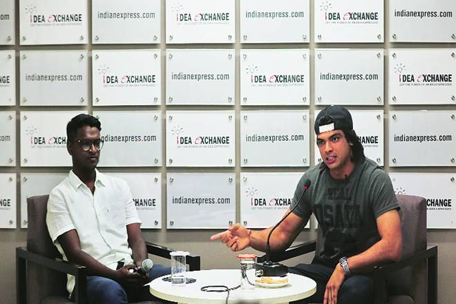 Neeraj Chopra with Senior Correspondent Andrew Amsan in The Indian Express newsroom (Image: Abhinav Saha) Neeraj Chopra with Senior Correspondent Andrew Amsan in The Indian Express newsroom (Image: Abhinav Saha)