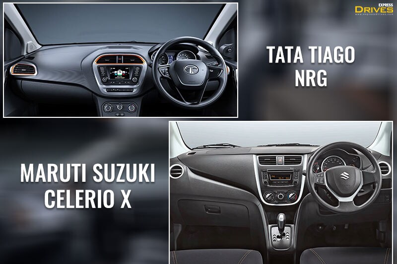 Interiors: The Tata Tiago NRG gets steering mounted audio controls and six-way adjustable driver seat. The car also has dual airbags, ABS (Anti-Lock Braking System) with EBD along with cornering stability. The car also gets a 5-inch touchscreen infotainment system with in built navigation. In terms of safety, the new Tiago NRG also has rear parking sensors and driver seat belt reminder. The Maruti Suzuki Celerio X on the other hand, gets a driver airbag as standard while front passenger airbag and ABS are offered as optional.