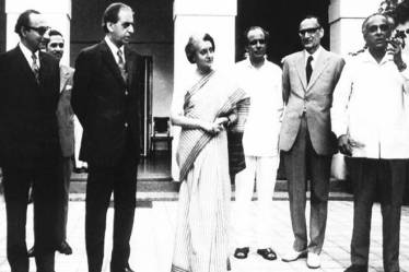 Indira Gandhi flanked by Aziz Ahmed (left) and PN Haksar in New Delhi in August 1973 after signing of the agreement between India and Pakistan. Between Gandhi and Haksar are PN Dhar and foreign secretary Kewal Singh (Photo courtesy Simon & Schuster)